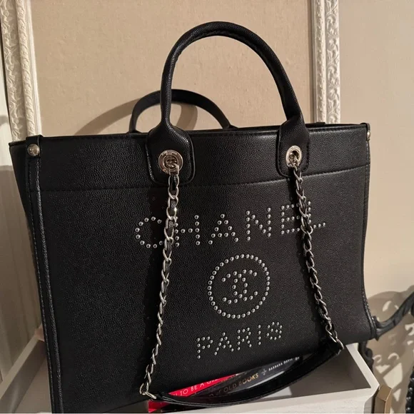 FAUX leather Black Tote with Silver Details - Picture 4 of 10